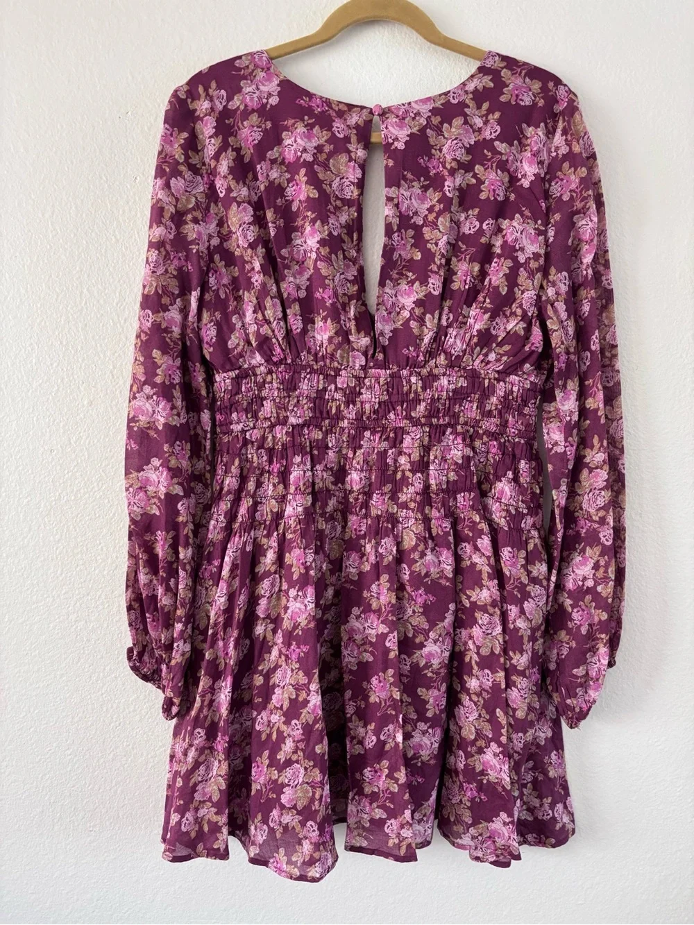 Free People Keep You Mini Dress Berry Combo Floral Boho V-Neck Large EUC